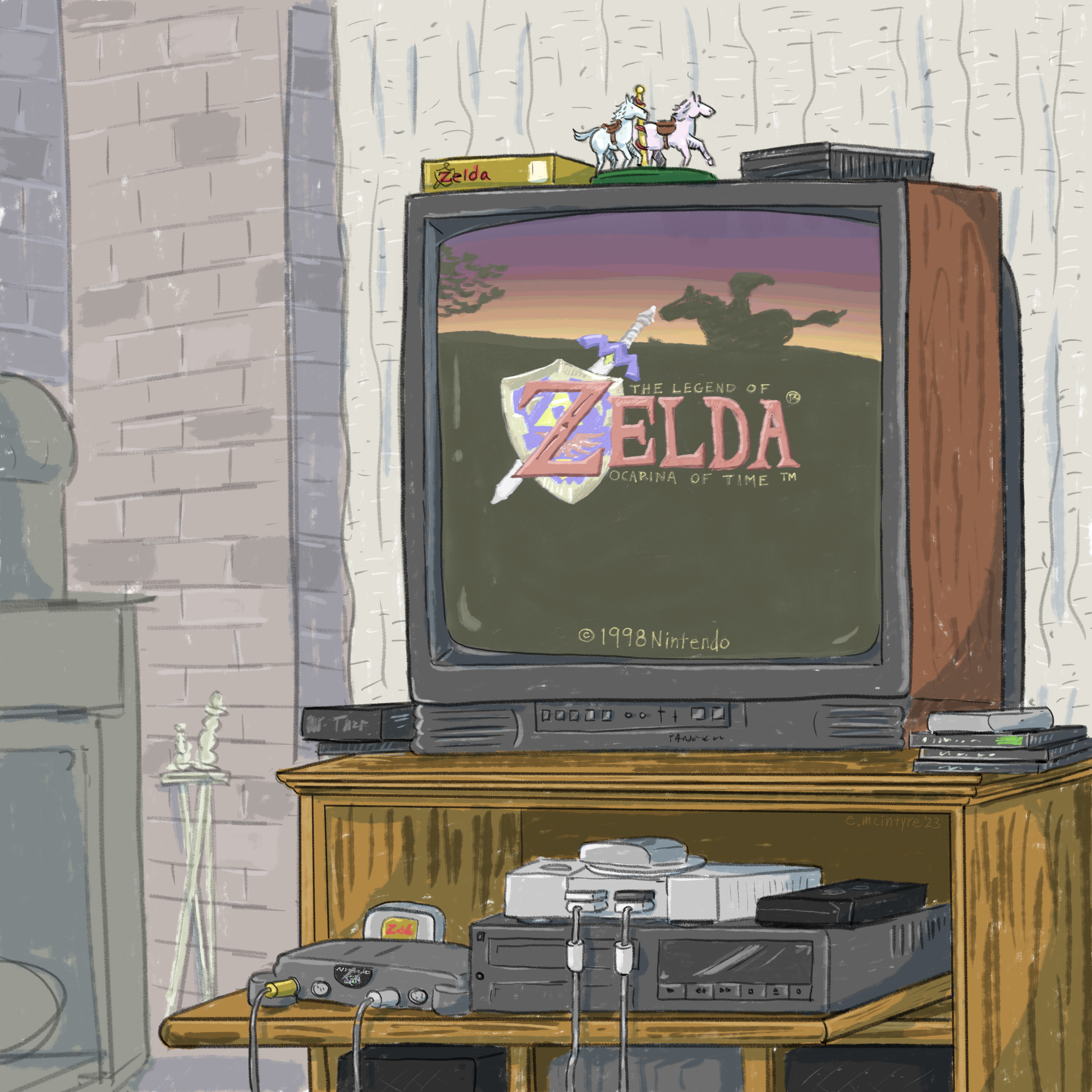 retro tube television with Legend of Zelda Ocarina of Time title screen sitting atop Nintendo 64, playstation, and vcr